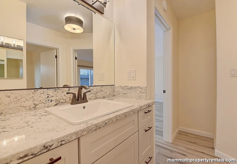 Master bathroom with granite dual vanity, updated fixtures, and a clean modern finish.