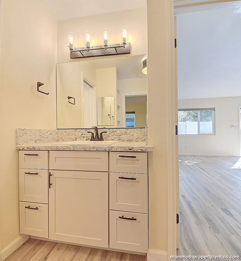 Guest bathroom - modern vanity with granite counter and updated fixtures.
