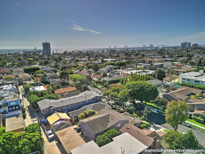 Aerial view showing proximity to the Long Beach coastline.
